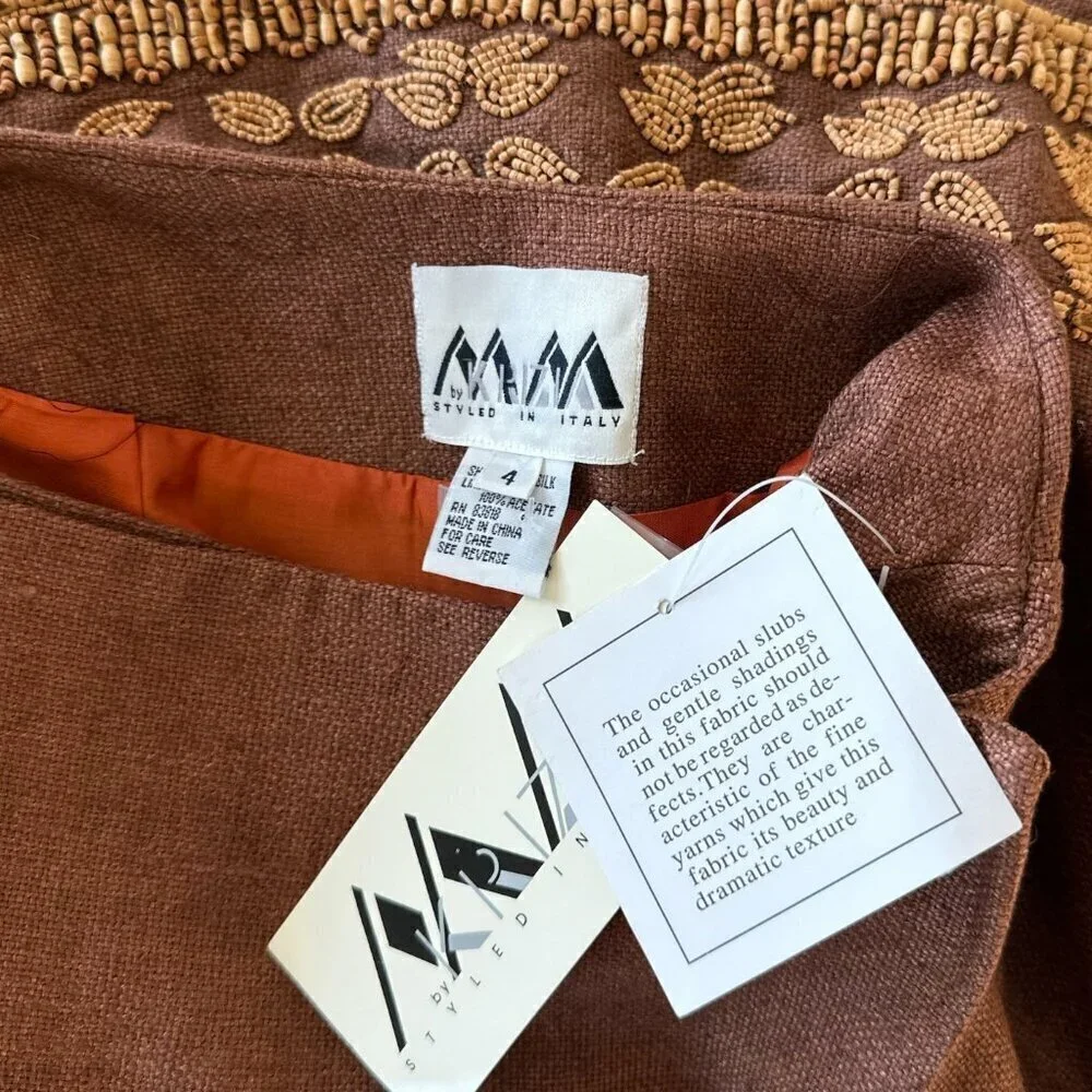 Krizia Italy Brown 100% Silk (Linen Look) Vintage Wrap Wood Bead Skirt New NWT 4